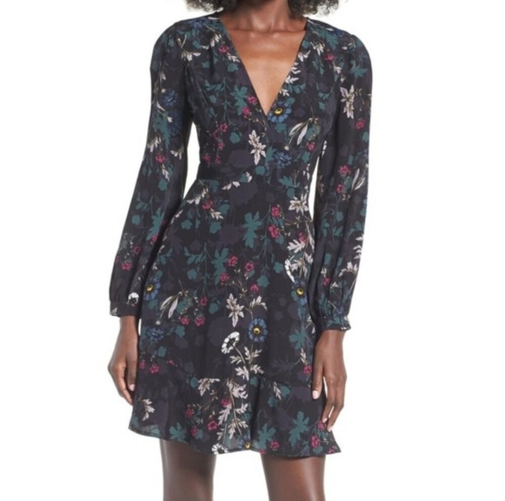 ASTR The Label Black Floral V-Neck Mini Dress Long sleeves Size M Anthropologie